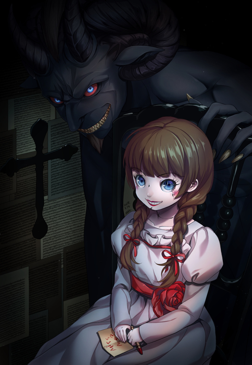 1girl 1other annabelle:_creation annabelle_(annabelle) annabelle_(movie) black_skin blue_eyes blush braid brown_hair chair colored_sclera colored_skin commentary_request crayon cross dark demon demon_horns doll dress evil_grin evil_smile eyelashes facial_hair goatee grin hair_ribbon highres horns long_hair makeup pages paper red_lips red_ribbon red_sclera ribbon save_(naita_aooni) sharp_teeth sitting smile teeth twin_braids white_dress writing yellow_nails