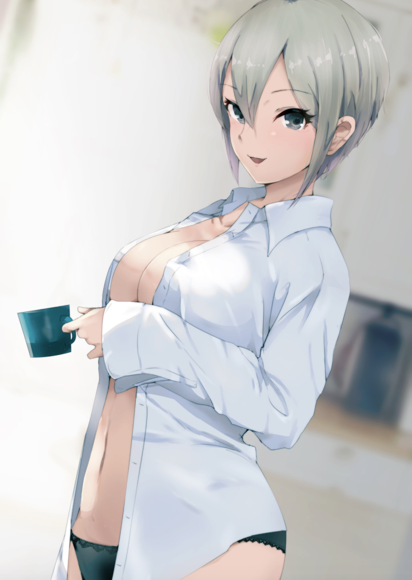 1girl bangs black_panties blush breasts collarbone collared_shirt commentary_request cup dress_shirt eyebrows_visible_through_hair grey_eyes grey_hair hair_between_eyes highres holding holding_cup idolmaster idolmaster_cinderella_girls large_breasts long_sleeves looking_at_viewer navel no_bra no_pants open_clothes open_mouth open_shirt panties parted_bangs revision ryuu. shiomi_syuko shirt short_hair smile solo underwear white_shirt
