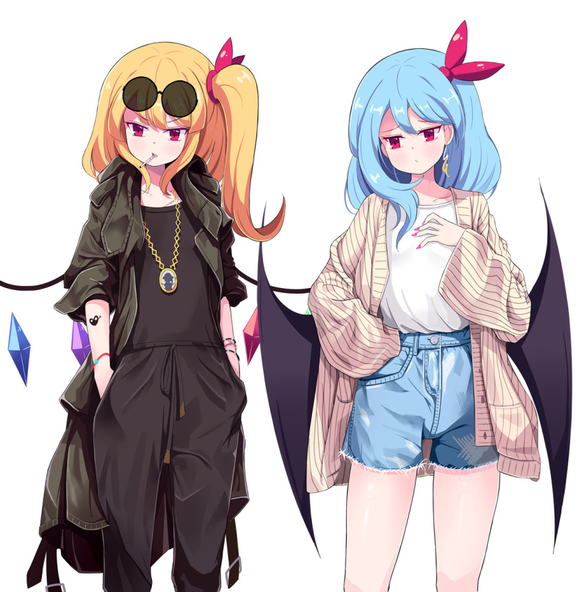 :/ alternate_costume annoyed bangs bat_wings bead_bracelet beads beige_sweater black_jacket black_pants black_shorts blonde_hair blush bow bracelet breasts buckle buttons cigarette closed_mouth collarbone delinquent denim denim_shorts earrings english_commentary eyebrows_visible_through_hair eyelashes eyewear_on_head fashion fingernails flandre_scarlet frills furrowed_brow hair_bow hand_in_pocket hand_on_own_chest hands_in_pockets highres jacket jewelry light_blue_hair long_fingernails long_sleeves looking_to_the_side medium_hair mouth_hold nail_polish necklace one_side_up open_mouth pants red_bow red_eyes red_nails remilia_scarlet shiny shiny_hair shiny_skin shirt shorts siblings side_ponytail sidelocks simple_background sisters small_breasts smoking sseopik standing tattoo thighs touhou white_background white_shirt wings