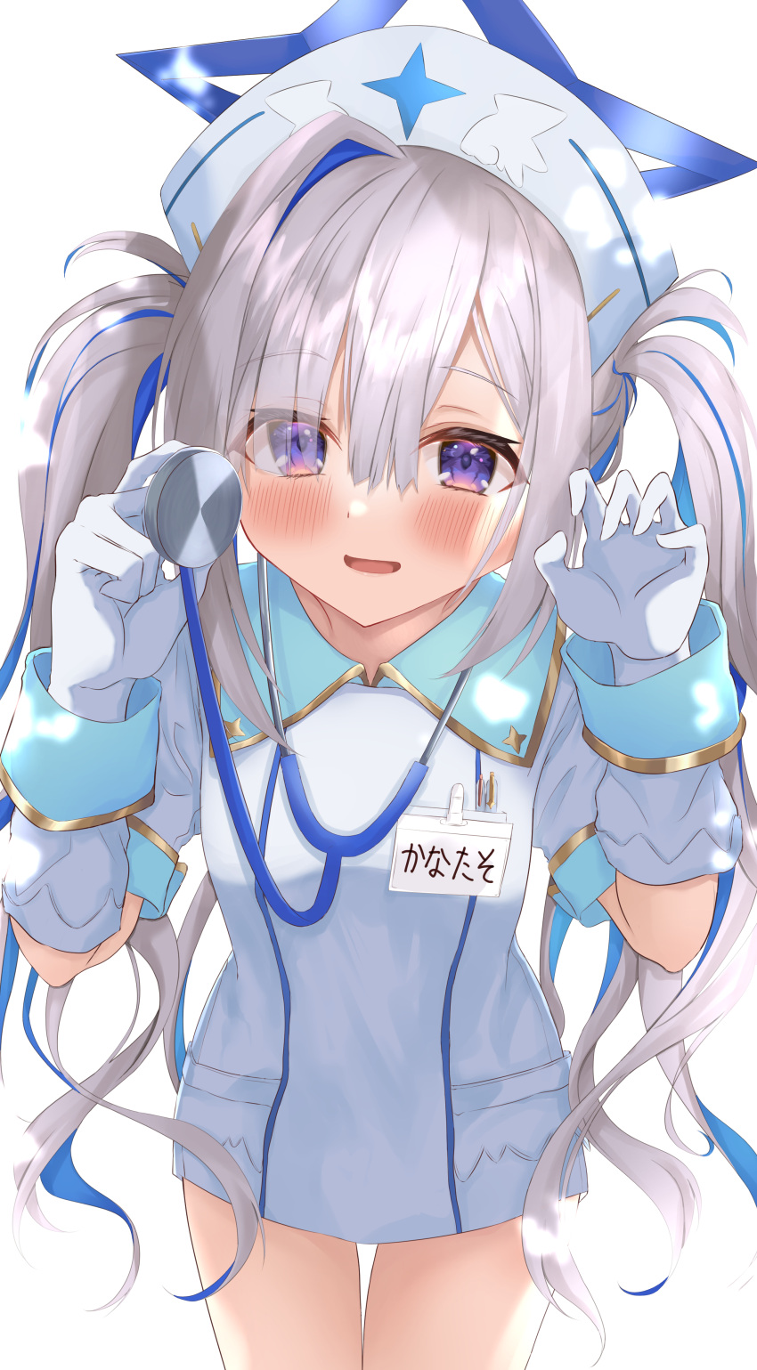 1girl absurdres amane_kanata azuremo bangs blush claw_pose commentary_request cowboy_shot crossed_bangs eyebrows_visible_through_hair eyes_visible_through_hair gloves hair_between_eyes hair_over_one_eye hands_up hat highres hololive long_hair looking_at_viewer name_tag nurse nurse_cap open_mouth pocket short_sleeves simple_background smile solo stethoscope virtual_youtuber white_background white_gloves