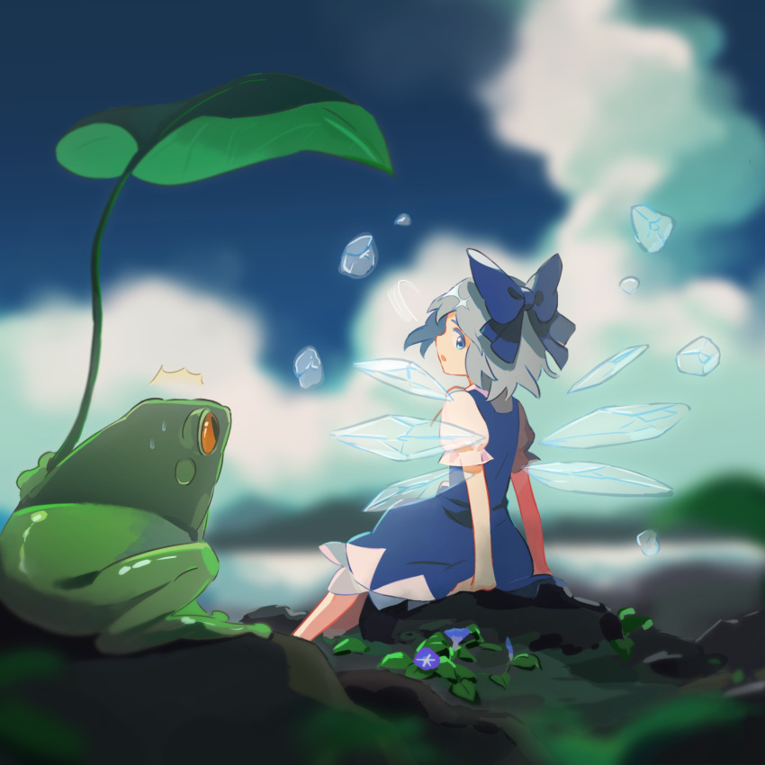 1girl animal arm_support bangs blue_dress blue_eyes blue_hair blue_sky blurry bow breedo cirno clouds depth_of_field dress floating flower frog hair_bow highres holding holding_leaf ice ice_cube ice_wings leaf levitation looking_at_another morning_glory nature outdoors profile rock short_hair short_sleeves sitting sitting_on_rock sky surprised sweatdrop touhou wings