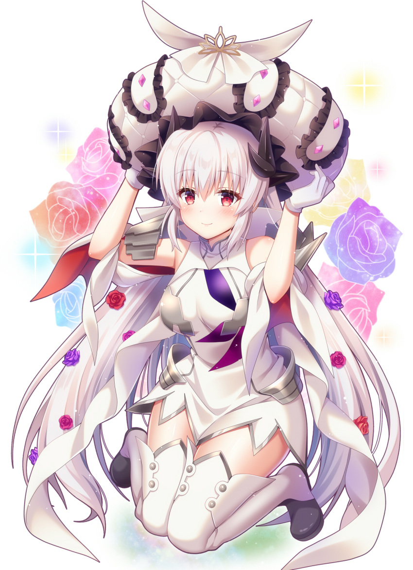 1girl breasts cosplay dragon_girl dragon_horns dress fate/grand_order fate_(series) frilled_hat frills gloves grey_hair hat highres horns kiyohime_(fate) large_breasts large_hat long_hair marie_antoinette_(fate) marie_antoinette_(fate)_(cosplay) multiple_horns red_eyes short_dress sleeveless sleeveless_dress solo suzumia_(daydream) thigh-highs very_long_hair white_dress white_gloves white_headwear white_legwear