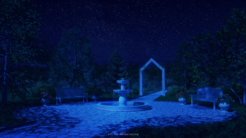 artist_name bench bush commentary_request dankalaning english_text flower flower_pot fountain grass highres night night_sky no_humans original path plant scenery sky star_(sky) tree