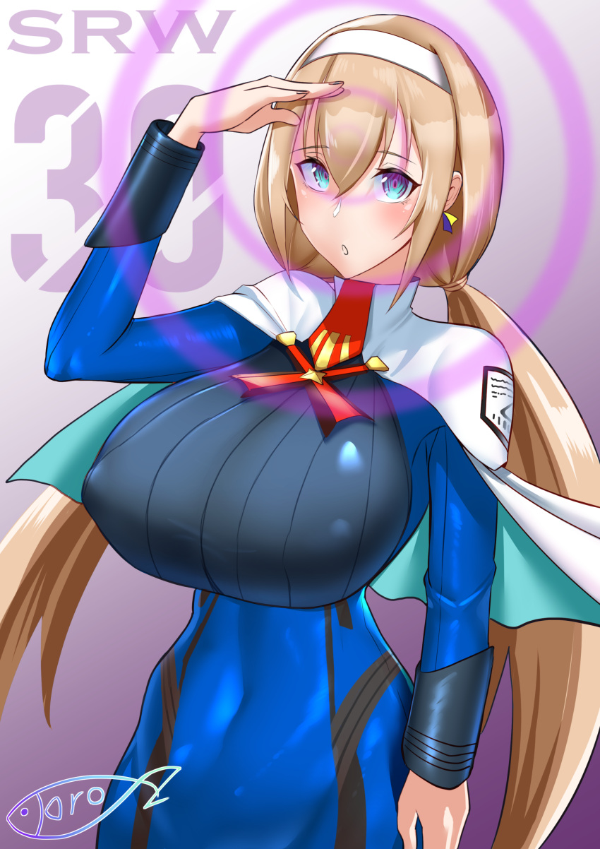 1girl absurdres arm_behind_back bangs blonde_hair blue_eyes blush bodysuit breasts capelet closed_mouth commentary_request covered_navel dress earrings eyebrows_visible_through_hair hairband highres hypnosis jewelry large_breasts long_sleeves looking_at_viewer low_twintails mind_control mitsuba_greyvalley pantyhose shiny shiny_clothes shiny_hair short_dress simple_background smile solo super_robot_wars super_robot_wars_30 tied_hair toro_zai turtleneck twintails uniform