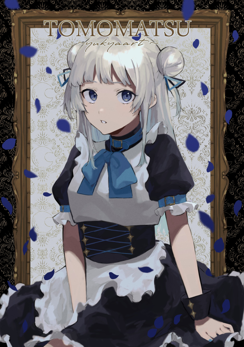 1girl absurdres black_ribbon blue_bow blue_collar blue_eyes blue_hair blue_nails blue_ribbon bow character_request collar double_bun english_text fingernails frills grey_hair hair_bun highres ktym_777 light_blue_hair looking_at_viewer maid multicolored_hair original outline parted_lips patterned patterned_background petals picture_frame puffy_sleeves ribbon shiny shiny_hair solo virtual_youtuber white_outline