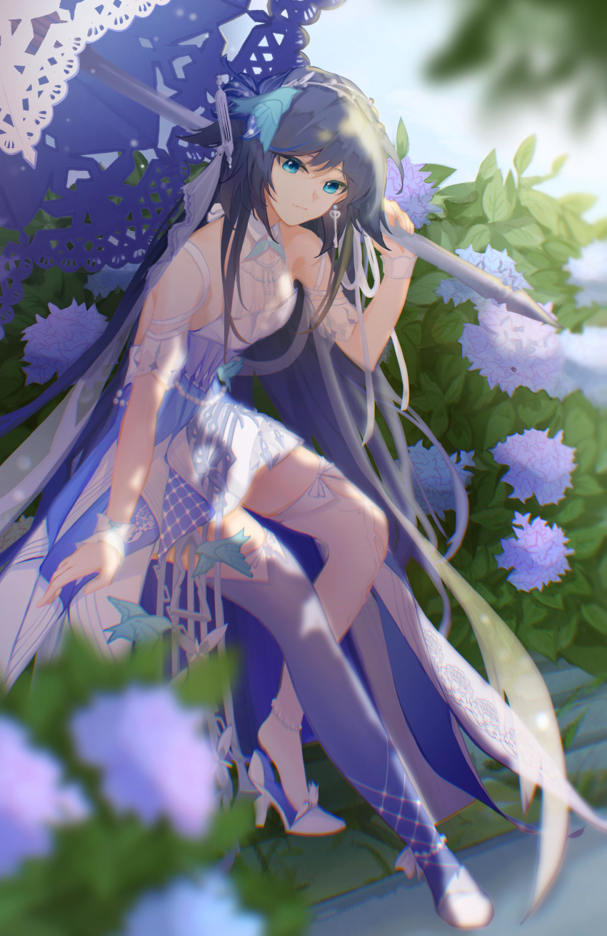 1girl absurdres akashin asymmetrical_legwear bangs black_hair blue_eyes blue_legwear blurry blurry_foreground bride closed_mouth dress flower fu_hua fu_hua_(azure_empyrea) high_heels highres holding holding_umbrella honkai_(series) honkai_impact_3rd leaf long_hair mismatched_legwear purple_flower sitting sleeveless sleeveless_dress smile solo umbrella wedding wedding_dress white_dress white_footwear white_legwear