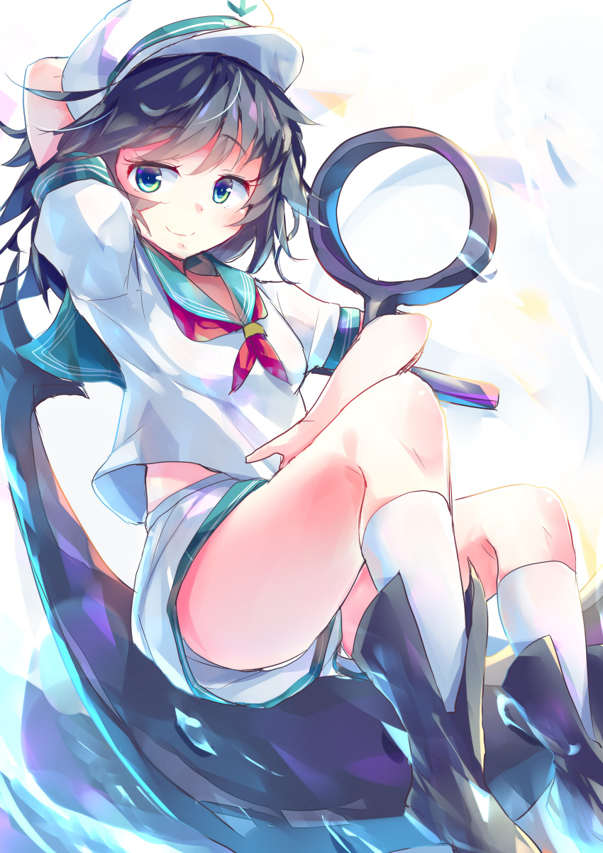 1girl absurdres anchor anchor_symbol arm_behind_head bangs black_footwear black_hair closed_mouth eyebrows_visible_through_hair green_eyes green_sailor_collar hat highres holding holding_anchor kanzakietc looking_at_viewer murasa_minamitsu one-hour_drawing_challenge sailor sailor_collar sailor_hat shirt short_hair short_sleeves shorts smile solo touhou water white_background white_headwear white_shirt white_shorts