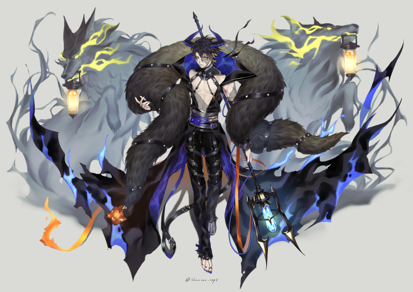 1boy abs alchemy_stars alternate_costume bangs barefoot belt belt_buckle black_coat black_pants buckle coat colored_inner_hair commentary_request detached_sleeves eye_trail feather_boa full_body grey_background halloween highres holding holding_staff horns hydrad_(alchemy_stars) jewelry lantern looking_at_viewer male_focus multicolored_hair open_mouth pants patchwork_skin pectorals purple_nails ring short_hair simple_background single_detached_sleeve solo sonomi staff teeth twitter_username wolf yellow_eyes