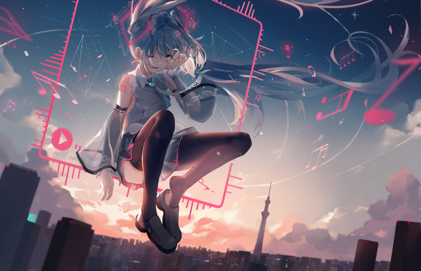 1girl alternate_costume black_legwear cityscape detached_sleeves dleung floating_hair hatsune_miku highres long_hair midair musical_note necktie see-through_sleeves sitting solo tattoo thigh-highs twintails vocaloid