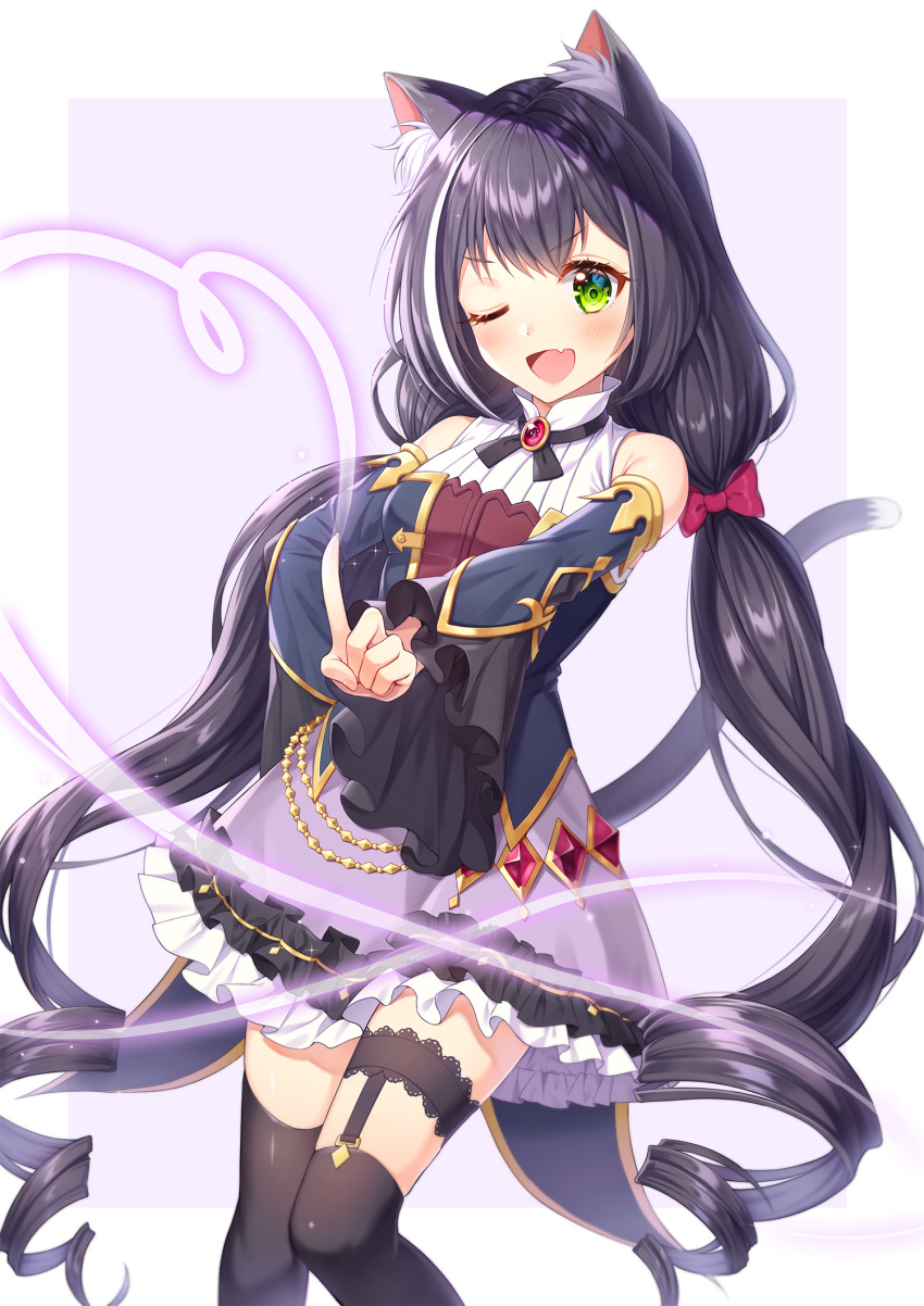 1girl ;d animal_ears black_hair black_legwear black_ribbon blue_sleeves blush bow bustier cat_ears cat_girl detached_sleeves fang floating_hair green_eyes hair_bow hand_on_hip highres index_finger_raised karyl_(princess_connect!) long_hair long_sleeves low_twintails miniskirt multicolored_hair neck_ribbon one_eye_closed pine_(angel4195202) princess_connect! purple_skirt red_bow ribbon shiny shiny_hair shirt skin_fang skirt sleeveless sleeveless_shirt smile solo standing streaked_hair thigh-highs twintails very_long_hair white_shirt wide_sleeves zettai_ryouiki