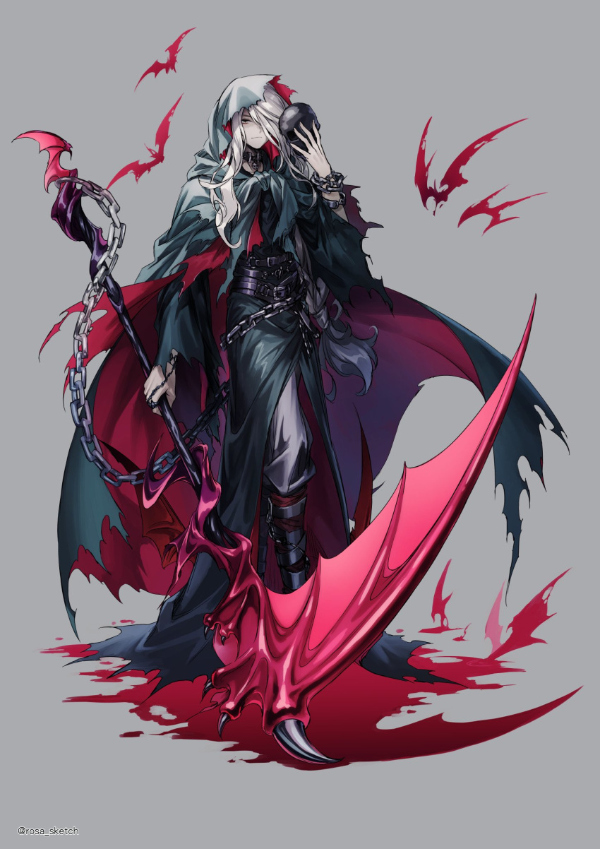 1boy alchemy_stars alternate_costume bat belt belt_buckle black_pants black_robe buckle chain charon_(alchemy_stars) cloak closed_mouth collar commentary commentary_request full_body grey_background grey_hair hair_over_one_eye halloween highres holding holding_mask holding_scythe hood hooded_cloak long_hair looking_at_viewer low-tied_long_hair low_tied_hair male_focus mask mask_removed pants rosa_(hoshino) scythe simple_background solo standing twitter_username