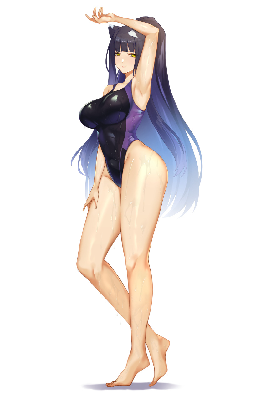 1girl absurdres animal_ears arm_up bangs barefoot black_hair black_swimsuit blue_archive blunt_bangs breasts competition_swimsuit full_body highleg highleg_swimsuit highres large_breasts long_hair looking_at_viewer one-piece_swimsuit shun_(blue_archive) simple_background solo standing swimsuit taiyou-n tiger_ears tiger_girl white_background yellow_eyes