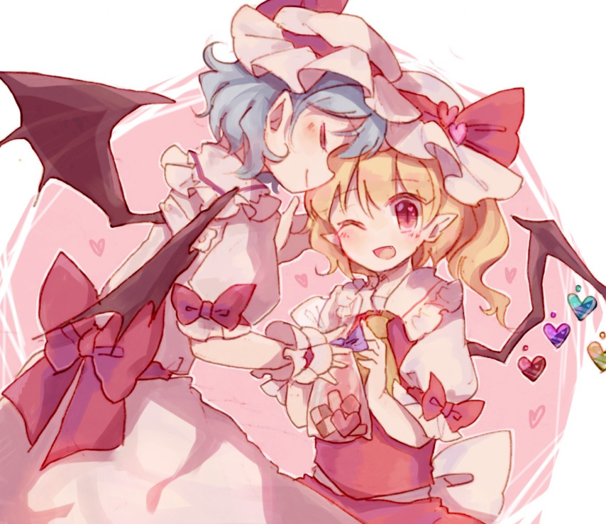 2girls ascot back_bow bangs bat_wings blonde_hair blue_hair blush bow closed_eyes crystal dress eyebrows_visible_through_hair fang flandre_scarlet frilled_shirt_collar frilled_sleeves frills hat hat_ribbon heart heart_in_eye mob_cap multiple_girls one_eye_closed one_side_up pink_dress pointy_ears puffy_short_sleeves puffy_sleeves purple_bow red_bow red_eyes red_ribbon red_skirt red_vest remilia_scarlet ribbon ribbon_trim sash shirt short_hair short_sleeves siblings sisters skirt sorani_(kaeru0768) symbol_in_eye touhou vest white_background white_bow white_shirt wings wrist_cuffs yellow_ascot