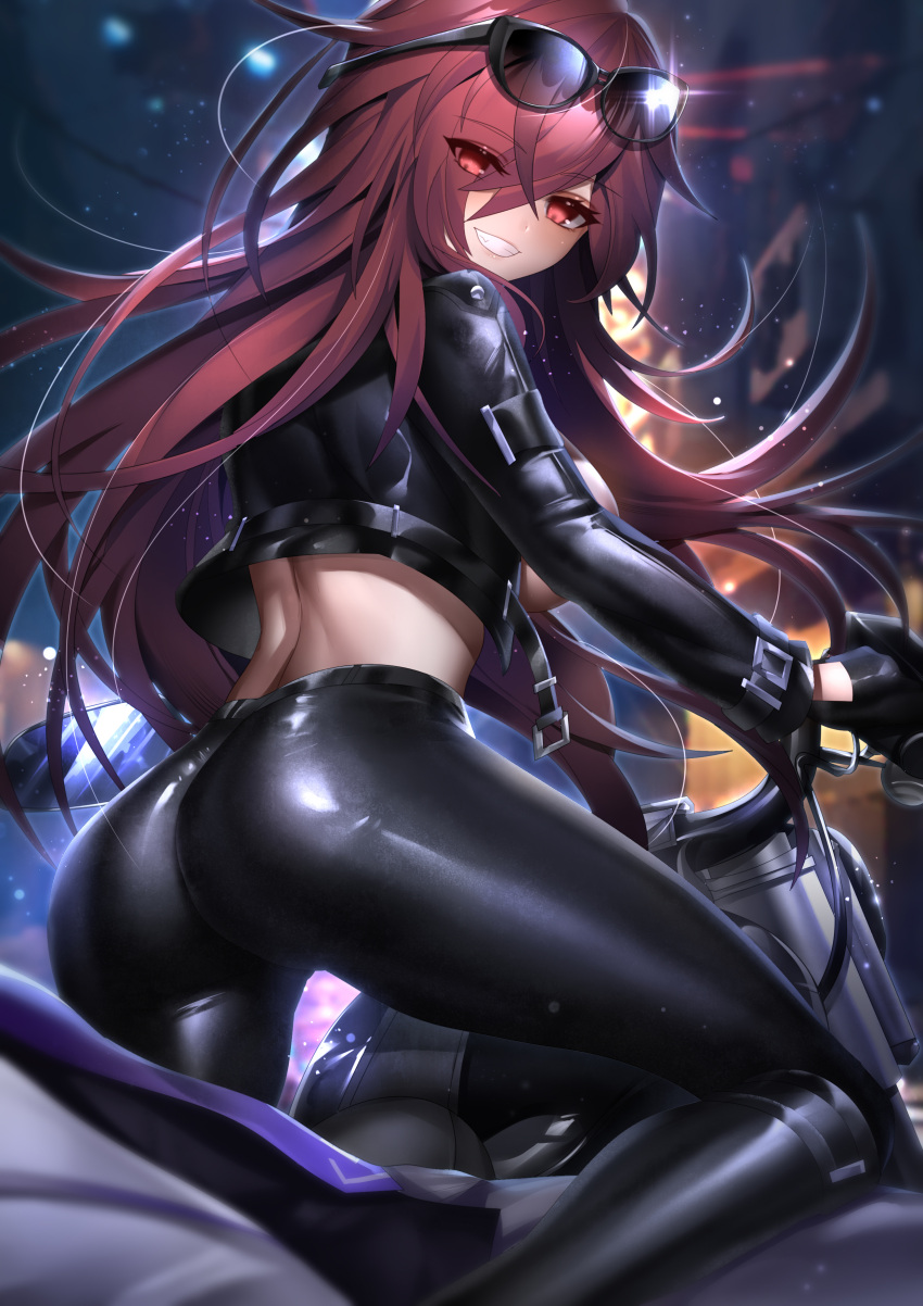 1boy 1girl absurdres ass bangs been black_gloves blurry blurry_background breasts cropped_jacket elesis_(elsword) elsword eyebrows_visible_through_hair eyes_visible_through_hair eyewear_on_head gloves grin ground_vehicle highres jacket leather leather_gloves leather_jacket leather_pants long_hair looking_at_viewer looking_back motor_vehicle motorcycle night pants red_eyes redhead sideboob smile sunglasses teeth