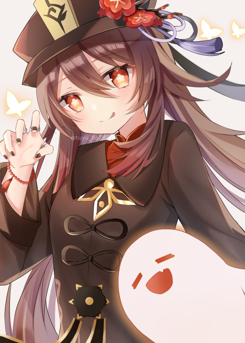 1girl black_nails brown_hair chinese_clothes collared_coat collared_shirt colored_tips commentary_request flower flower-shaped_pupils genshin_impact ghost hat hat_flower highres hu_tao_(genshin_impact) jewelry multiple_rings plum_blossoms ponytail porkpie_hat red_eyes red_shirt ring ringouulu shirt smile solo symbol-shaped_pupils tailcoat thumb_ring twintails