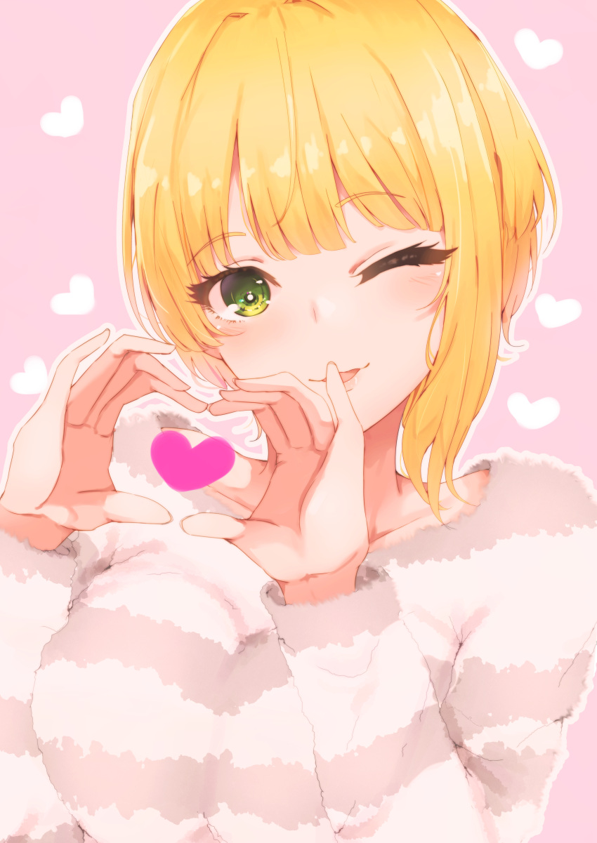 1girl absurdres bangs blonde_hair blush commentary_request eyebrows_visible_through_hair eyelashes fur_sweater hands_up heart heart_hands highres idolmaster idolmaster_cinderella_girls long_sleeves looking_at_viewer miyamoto_frederica one_eye_closed outline pink_background ryuu. short_hair simple_background solo striped striped_sweater sweater upper_body