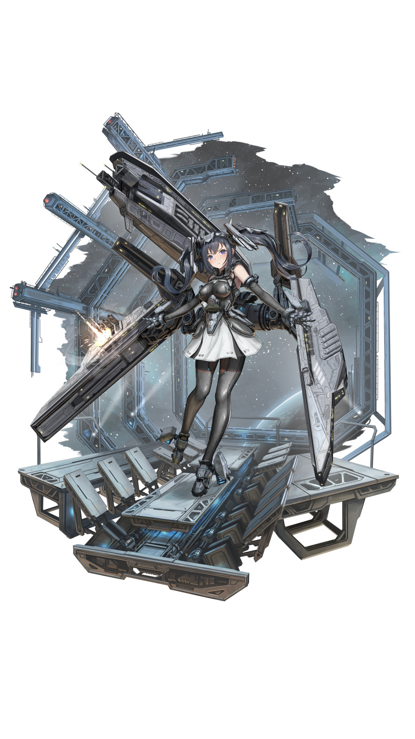 1girl absurdres bangs black_hair blush bodysuit boots breasts copyright_request elbow_gloves gloves headgear highres long_hair looking_at_viewer mecha_musume medium_breasts nihoshi_(bipedal_s) personification planet science_fiction skirt solo space twintails violet_eyes