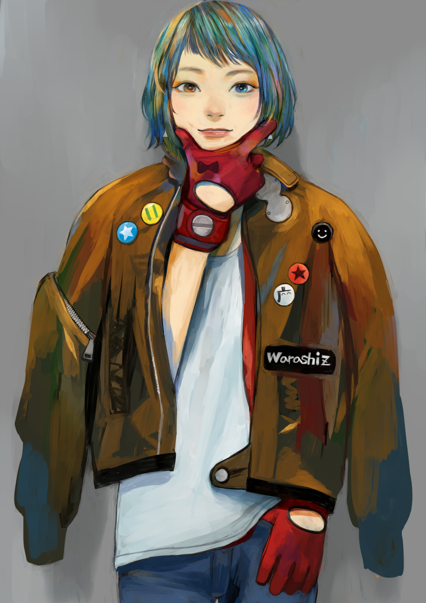 1girl absurdres badge blue_eyes blue_hair bob_cut bomber_jacket button_badge denim finger_gun gloves grey_background hand_on_own_chin heterochromia highres jacket jacket_on_shoulders jeans junjunforever looking_at_viewer multicolored_hair orange_eyes original pants short_hair smile solo thumb_in_pocket