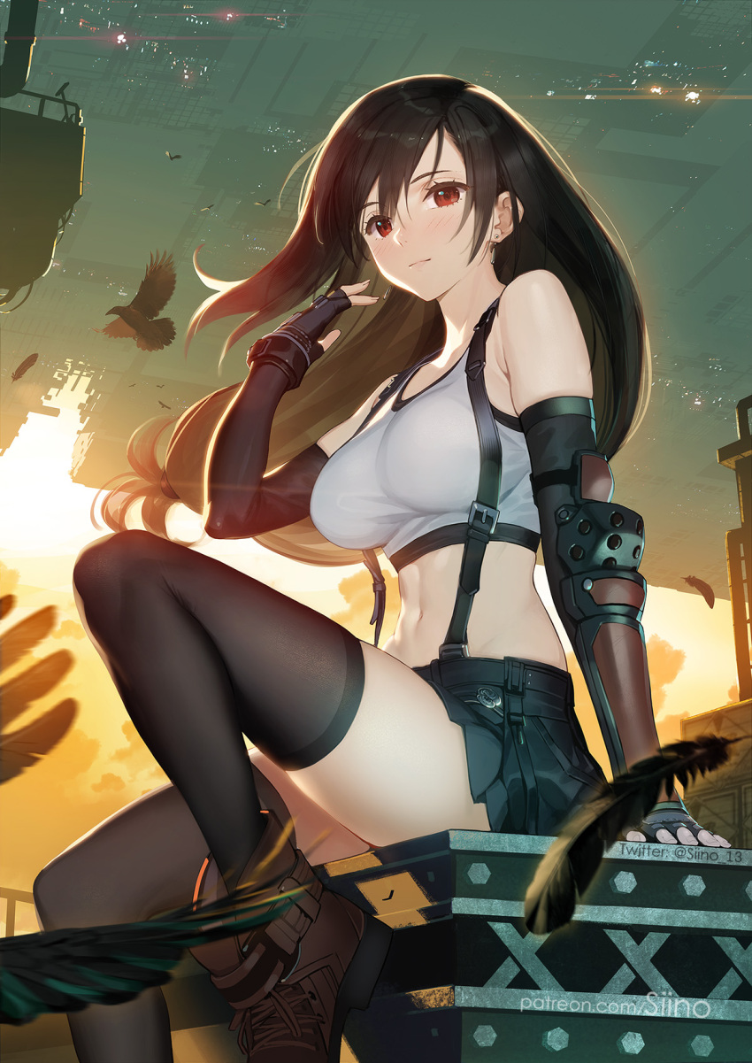 1girl artist_name bare_shoulders bird black_skirt blush breasts brown_eyes brown_hair collarbone commentary_request copyright_name crop_top earrings elbow_gloves feathers final_fantasy final_fantasy_vii final_fantasy_vii_remake fingerless_gloves from_below gloves highres jewelry large_breasts long_hair looking_at_viewer low-tied_long_hair midriff navel outdoors photoshop_(medium) red_eyes revision siino sitting skirt smile solo suspender_skirt suspenders suspenders_gap tank_top tifa_lockhart