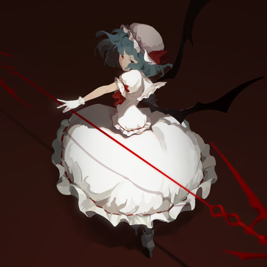 1girl ankle_boots bangs bat_wings black_wings blue_hair boots breedo brown_background frilled_skirt frilled_sleeves frills from_above full_body gloves grey_footwear grey_legwear hat high_heel_boots high_heels highres holding holding_weapon looking_at_viewer mob_cap outstretched_arms pantyhose puffy_short_sleeves puffy_sleeves red_eyes remilia_scarlet ribbon-trimmed_skirt ribbon_trim short_hair short_sleeves skirt skirt_set solo spear_the_gungnir standing touhou weapon white_gloves white_headwear white_skirt wings