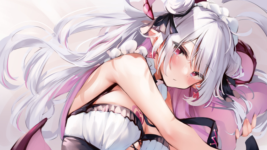 1girl bangs bare_shoulders blush breasts closed_mouth double_bun hair_ribbon highres large_breasts long_hair looking_at_viewer lying maid_headdress nekomugiharu object_hug on_side original pillow pillow_hug red_eyes ribbon silver_hair solo upper_body