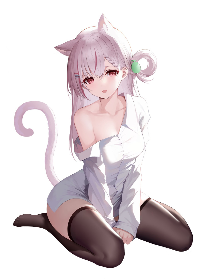 1girl an_yasuri animal_ear_fluff animal_ears arm_support ass_visible_through_thighs bangs banned_artist bare_shoulders blush braid breasts brown_legwear cat_ears cat_girl cat_tail collarbone hair_between_eyes hair_ornament hairclip highres light_purple_hair long_hair long_sleeves looking_at_viewer medium_breasts mole mole_under_eye multicolored_hair off_shoulder open_mouth original red_eyes redhead seiza shirt simple_background sitting smile solo tail tail_raised thigh-highs toes white_background white_shirt