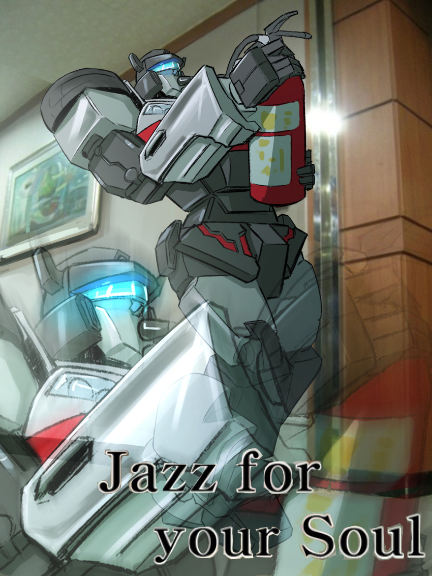 autobot cosmikaizer english_commentary english_text fire_extinguisher headlight highres holding jazz_(transformers) leaning_back mecha meme no_humans parody photo_background projected_inset standing transformers visor what wheel