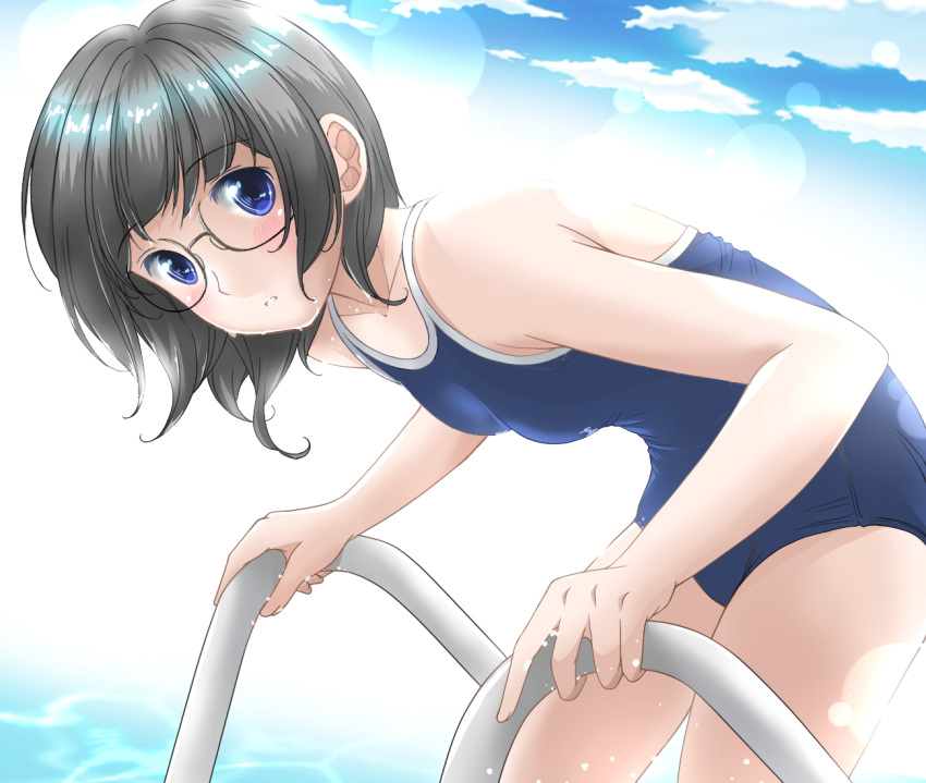 1girl black_hair blue_eyes blue_sky blue_swimsuit clouds commentary_request competition_school_swimsuit cowboy_shot glasses looking_at_viewer original pool_ladder school_swimsuit shigyomusume short_hair sky solo swimsuit