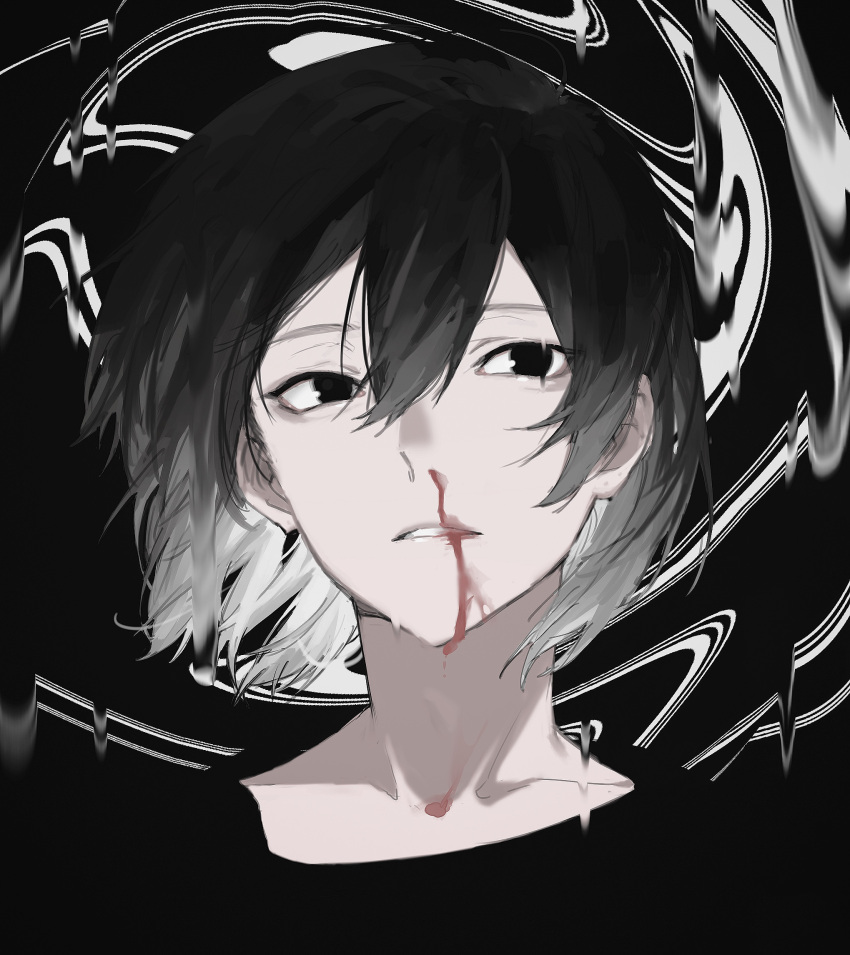 1boy abstract_background black_eyes black_hair blood blood_on_face blood_on_teeth collarbone dripping face hair_between_eyes highres ktym_777 male_focus multicolored_hair nosebleed original parted_lips solo teeth upper_body white_hair