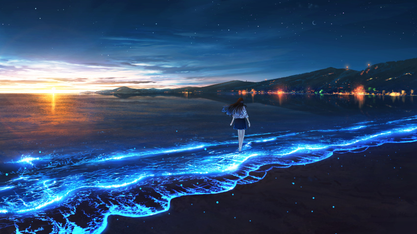 1girl absurdres black_hair blue_skirt building city_lights clouds commentary_request evening from_behind hair_blowing highres landscape long_hair mountain mountainous_horizon ocean original pleated_skirt reflection scenery sea_sparkle shirt shuu_illust skirt sky solo star_(sky) sun sunset walking white_shirt