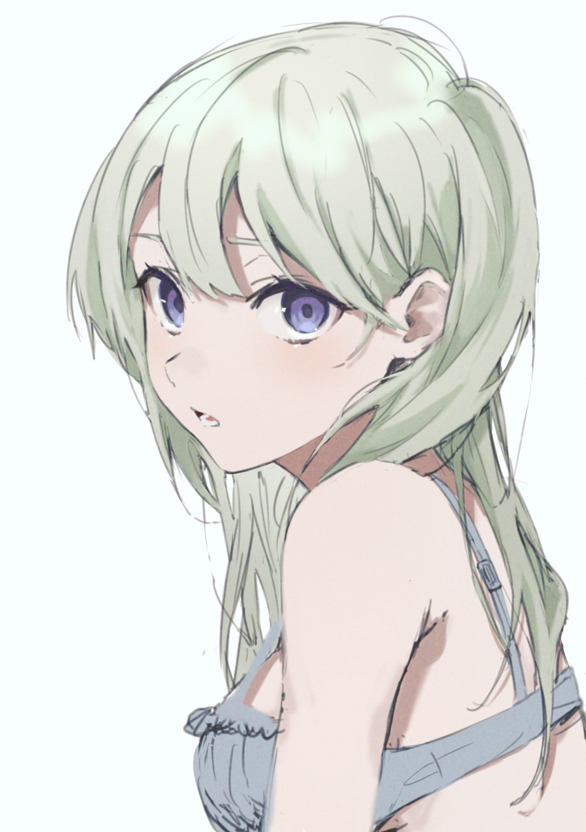 1girl absurdres bare_shoulders blush bra frilled_bra frills green_hair highres ktym_777 light_green_hair long_hair looking_at_viewer lower_teeth open_mouth original simple_background sketch solo teeth tongue underwear upper_body violet_eyes white_background