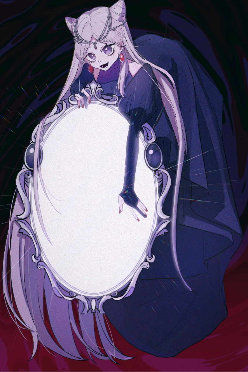 +_+ 1girl absurdres arrodes_(lord_of_the_mysteries) black_dress chinese_commentary commentary_request dark dress earrings ears floating guowangying highres jewelry long_hair long_sleeves looking_at_viewer lord_of_the_mysteries mirror nail_polish object_hug open_mouth personification purple_hair solo teeth tiara tongue violet_eyes