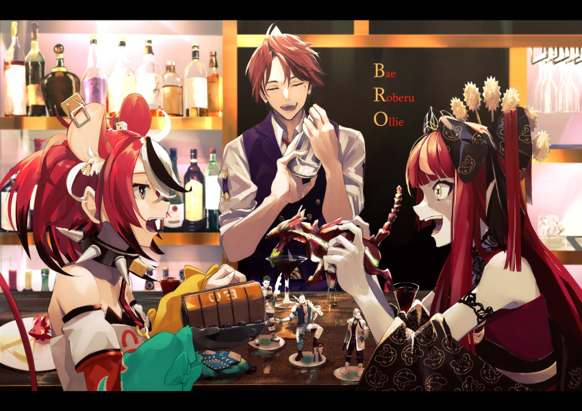 1boy 2girls absurdres alcohol animal_ears apex_legends bare_shoulders black_hair blue_eyes character_name closed_eyes collar commentary_request dice_hair_ornament hair_ornament hakos_baelz highres holding hololive hololive_english hololive_indonesia holostars indoors kureiji_ollie long_hair looking_at_another mole mole_under_eye mouse_ears mouse_girl mouse_tail multicolored_hair multiple_girls open_mouth orange_hair redhead spiked_collar spikes streaked_hair t-one tail teeth tongue white_hair yellow_eyes yukoku_roberu zombie