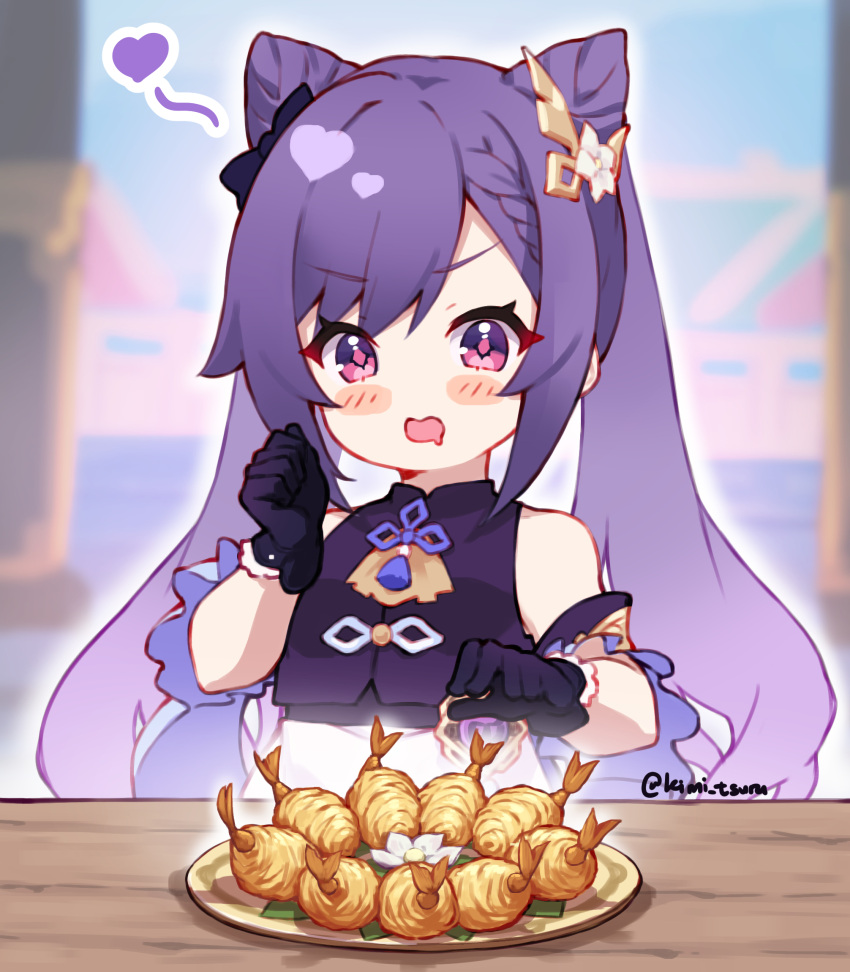 1girl :o arm_up bangs bare_shoulders black_gloves blurry blurry_background blush chibi commentary_request detached_sleeves drooling eyebrows_visible_through_hair eyelashes flower genshin_impact gloves golden_shrimp_balls_(genshin_impact) hair_cones hair_ornament heart highres keqing_(genshin_impact) kimi_tsuru long_hair open_mouth plate purple_hair saliva shiny shiny_hair sitting solo table tassel twitter_username v-shaped_eyebrows violet_eyes white_flower wide_sleeves