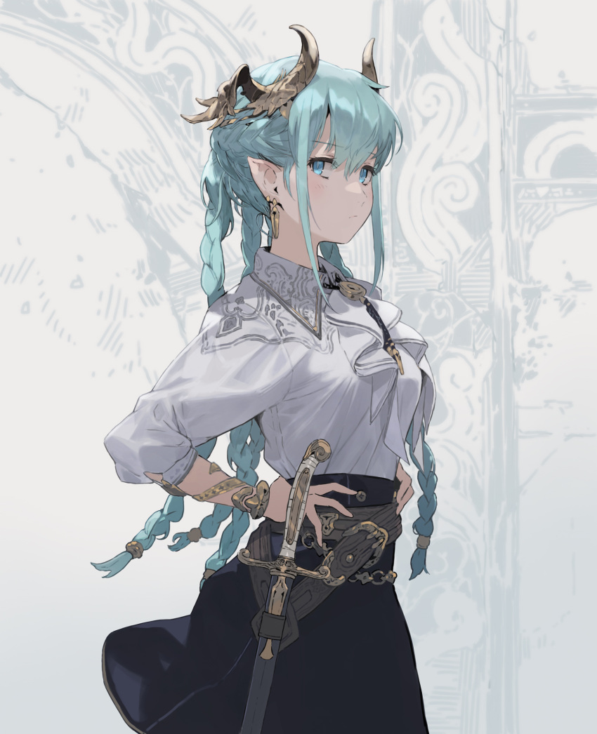 1girl aqua_hair ascot bangs belt black_skirt blue_eyes blush bracelet braid breasts brown_belt character_request closed_mouth copyright_request dragon_horns earrings hands_on_hips highres hirooka_masaki horns jewelry long_hair long_sleeves looking_at_viewer pointy_ears quad_braids sheath sheathed shirt sidelocks skirt solo sword upper_body weapon white_ascot white_shirt