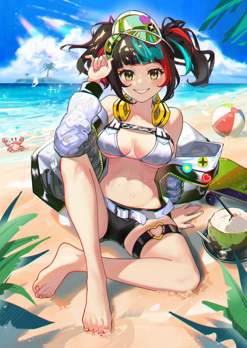 1girl absurdres ball barefoot beach beachball belt bikini bikini_top breasts crab fate/grand_order fate_(series) feet gaanc_23_(tomosuge) grin headphones headphones_around_neck highres island jacket medium_breasts multicolored_hair navel ocean pink_nails sei_shounagon_(fate) sei_shounagon_(swimsuit_berserker)_(fate) short_shorts shorts sitting skateboard smile swimsuit thigh_strap twintails visor_cap white_jacket yellow_eyes