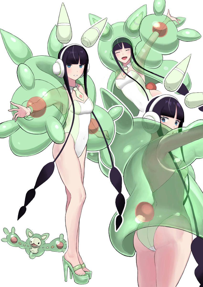 1girl :d absurdres arm_up ass bangs black_hair blue_eyes blunt_bangs blush closed_eyes commentary cosplay elesa_(pokemon) eyelashes green_footwear green_jacket headphones high_heels highres jacket leotard long_sleeves looking_back multiple_views nishikino_kee open_clothes open_jacket open_mouth outline outstretched_arm pokemon pokemon_(creature) pokemon_(game) pokemon_bw2 reuniclus reuniclus_(cosplay) short_hair_with_long_locks sidelocks simple_background smile standing tongue white_background white_leotard
