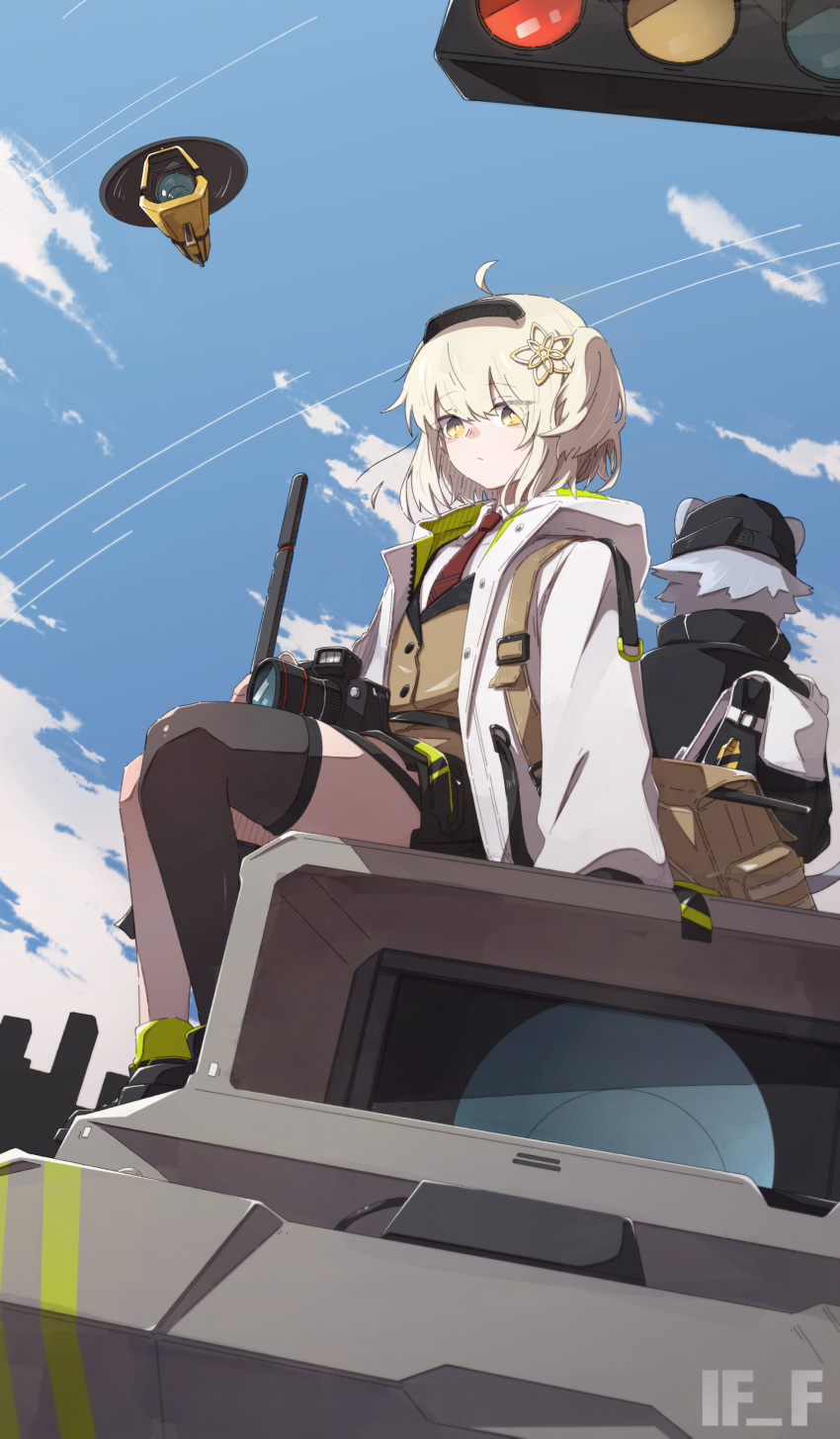 2girls absurdres ahoge animal_ears arknights artist_name baseball_cap black_footwear black_headwear black_jacket black_legwear blue_sky brown_bag brown_vest camera click_(arknights) clouds cloudy_sky commentary drone dslr ears_through_headwear facing_away hat highres holding holding_camera if_f jacket lens_(arknights) looking_at_viewer mouse_ears multiple_girls necktie open_clothes open_jacket outdoors red_necktie scene_(arknights) shirt shoes short_hair side_ponytail single_thighhigh sitting sky solo_focus star_(symbol) thigh-highs traffic_light undershirt vest white_jacket white_shirt yellow_eyes
