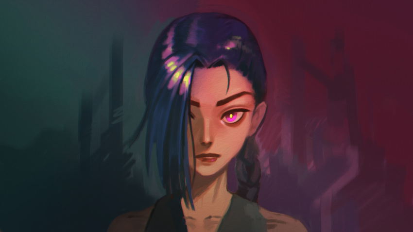 1girl asymmetrical_bangs bangs bare_shoulders blue_hair braid collarbone gimseol gradient gradient_background green_background highres jinx_(league_of_legends) league_of_legends looking_at_viewer parted_lips red_background red_lips shiny shiny_hair solo teeth twin_braids