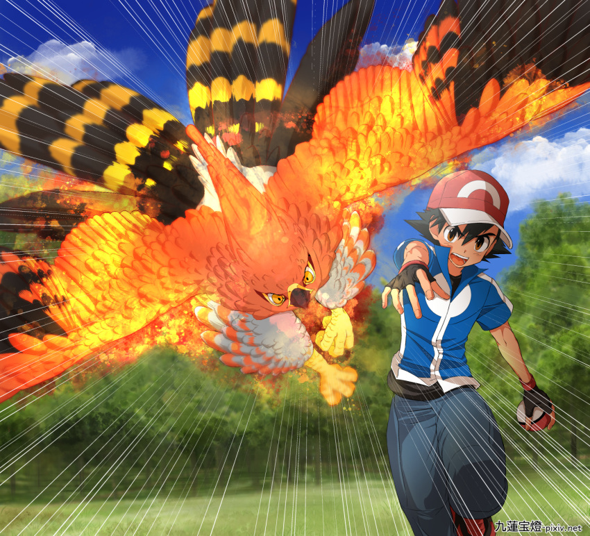 1boy ash_ketchum bangs baseball_cap black_hair blue_jacket blush brown_eyes clouds coffee-break commentary_request day emphasis_lines fingerless_gloves fire gloves grass hat highres holding holding_poke_ball jacket male_focus open_mouth outdoors pants poke_ball poke_ball_(basic) pokemon pokemon_(anime) pokemon_(creature) pokemon_xy_(anime) red_footwear red_headwear shirt shoes short_hair sky talonflame teeth tongue tree