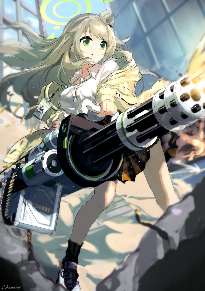 absurdres ammunition_belt blue_archive blurry blurry_background blush breasts chamu_(chammkue) commentary_request firing gatling_gun green_eyes grey_hair halo highres id_card jacket large_breasts long_hair nonomi_(blue_archive) ruins school_uniform shell_casing standing