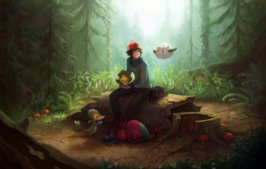 1boy bag_removed baseball_cap black_pants blue_jacket brown_eyes brown_hair commentary cottonee day eating forest grass grin hat highres hilbert_(pokemon) holding holding_poke_ball jacket kazuko_(towa) looking_to_the_side male_focus mushroom nature outdoors pants poke_ball poke_ball_(basic) pokemon pokemon_(creature) pokemon_(game) pokemon_bw red_footwear red_headwear sewaddle shoes short_hair sitting smile snivy teeth tree venipede zipper zipper_pull_tab