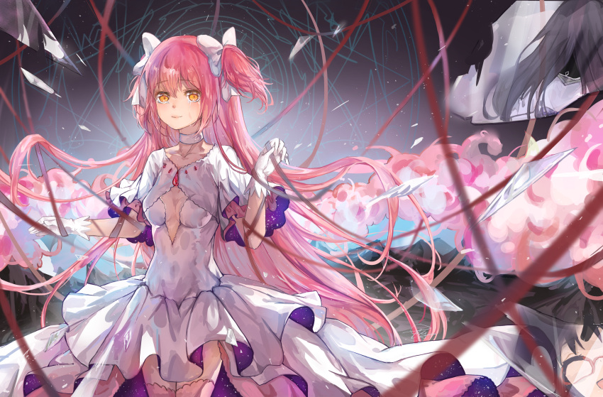 1girl absurdres akemi_homura crying crying_with_eyes_open different_reflection dress glass_shards gloves goddess_madoka highres lan_su long_hair mahou_shoujo_madoka_magica mahou_shoujo_madoka_magica_movie pink_hair reflection ribbon smile solo tears twintails white_dress yellow_eyes