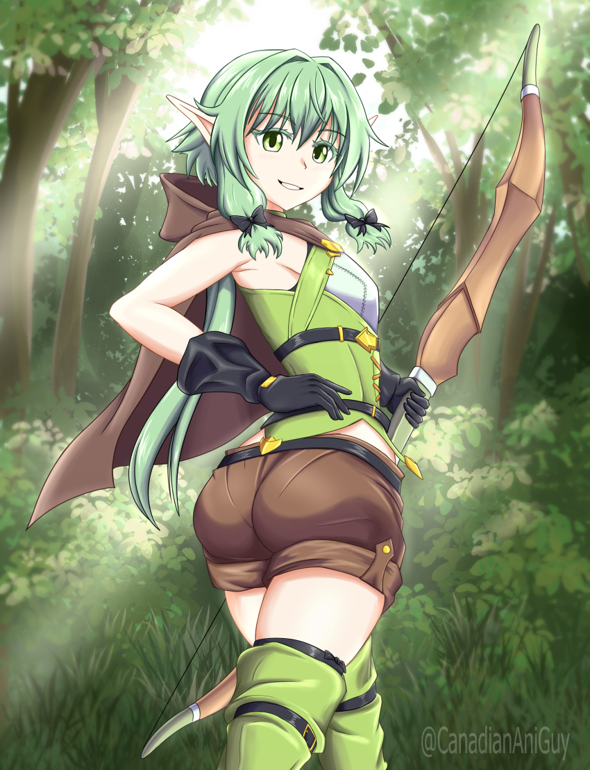 1girl absurdres ass blush bow_(weapon) brown_shorts canadiananiguy capelet day elf forest from_behind goblin_slayer! green_eyes green_hair hair_intakes high_elf_archer_(goblin_slayer!) highres long_hair looking_at_viewer looking_back nature outdoors pantylines pointy_ears shiny shiny_hair shorts smile solo standing thigh-highs weapon