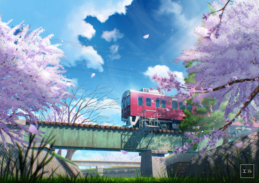artist_name bare_tree blue_sky cable cherry_blossoms clouds commentary_request day eru_(erutwd) falling_petals grass ground_vehicle highres no_humans original petals plant railroad_tracks scenery sky train tree