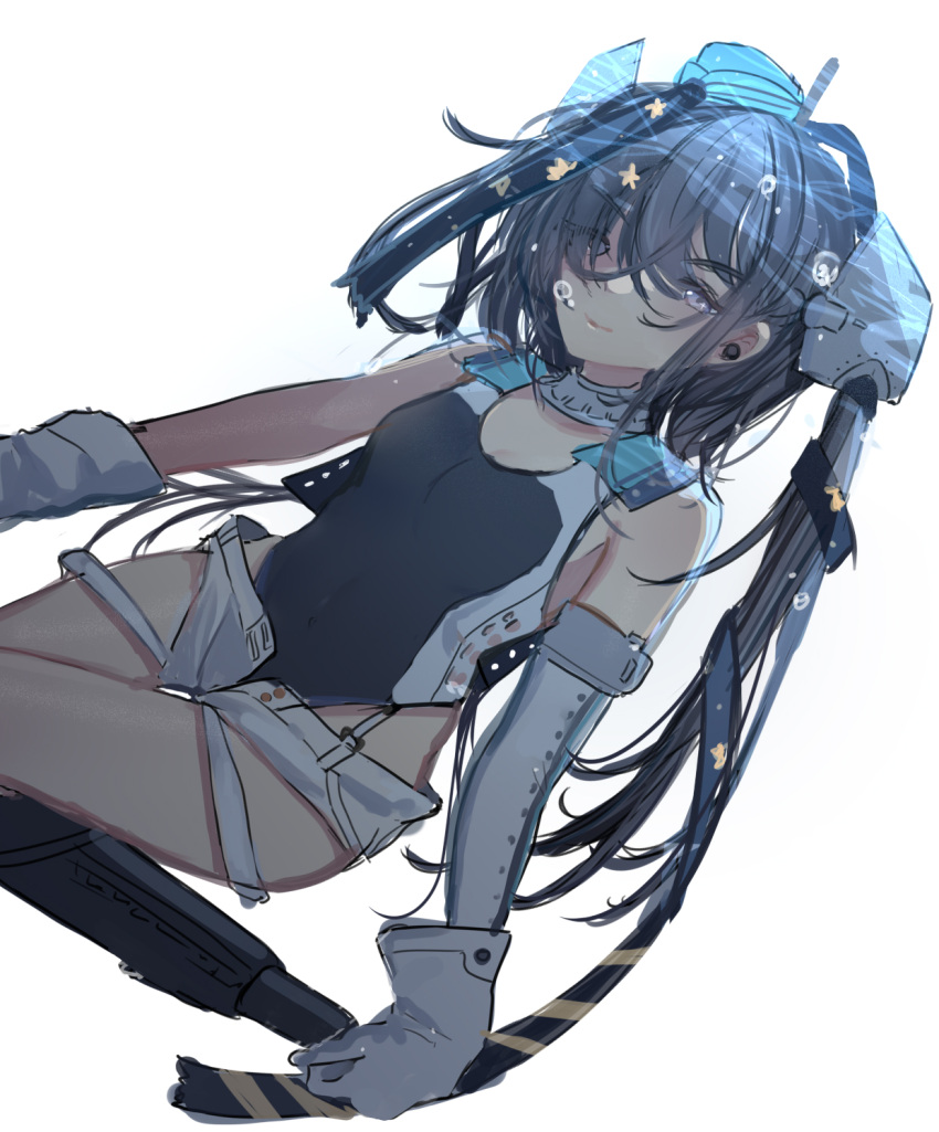 1girl black_footwear black_ribbon black_swimsuit blue_headwear blush closed_mouth commentary_request english_commentary eyebrows_visible_through_hair garrison_cap gloves grey_eyes grey_hair hair_ornament hair_ribbon hat headgear highres kantai_collection kaomoji_(sagor00237) long_hair looking_at_viewer mixed-language_commentary one-piece_swimsuit ribbon scamp_(kancolle) shorts side_ponytail simple_background smile solo star_(symbol) star_hair_ornament swimsuit white_background white_gloves white_shorts