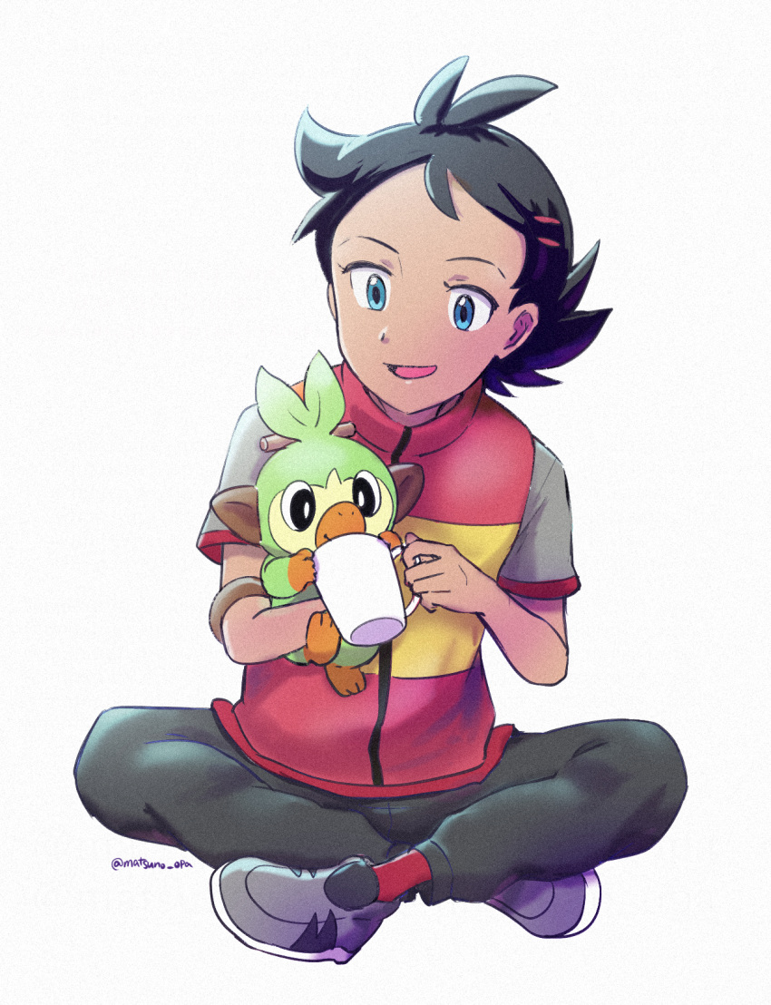 1boy antenna_hair bangs black_hair black_pants blue_eyes commentary_request cup eyelashes goh_(pokemon) grey_background grey_footwear grey_shirt grookey highres holding holding_cup holding_pokemon looking_down male_focus matsuno_opa mug open_mouth pants pokemon pokemon_(anime) pokemon_(creature) pokemon_swsh_(anime) red_legwear red_vest shirt shoes short_hair short_sleeves simple_background sitting smile socks tongue twitter_username vest