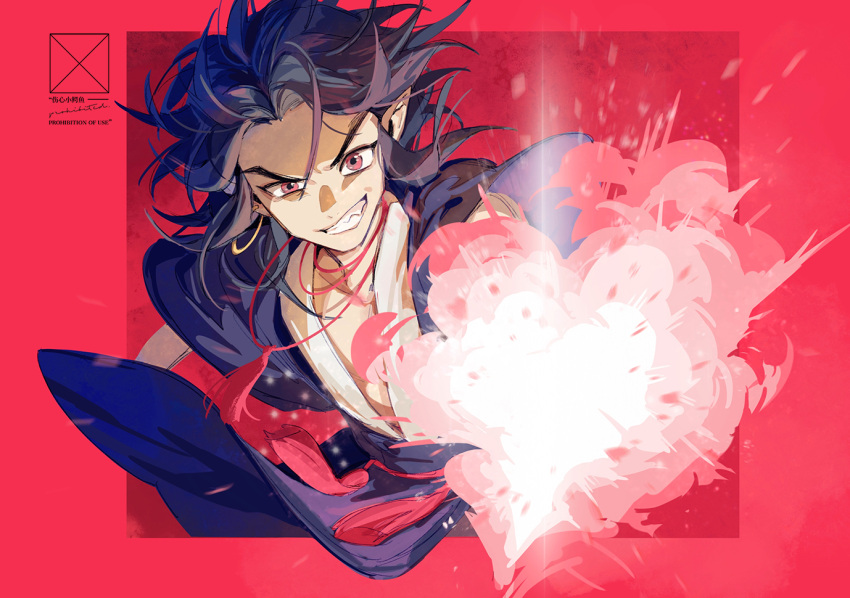 1boy bean_mr12 black_hair earrings heart hoop_earrings jewelry lanxi_zhen long_hair looking_at_viewer parted_lips pointy_ears red_background smile solo tassel the_legend_of_luo_xiaohei upper_body violet_eyes wind xuan_li_(the_legend_of_luoxiaohei)