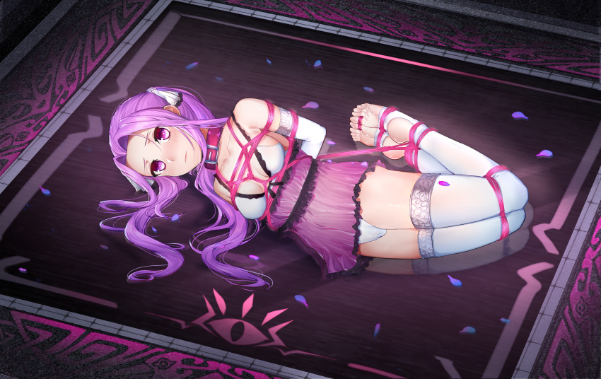 1girl 7t absurdres bdsm bondage bound bound_arms bound_legs breast_bondage breasts collar elbow_gloves fate/grand_order fate_(series) gloves highres long_hair lying medusa_(fate) medusa_(lancer)_(fate) on_side panties purple_hair rope shibari shibari_over_clothes sidelocks small_breasts solo stirrup_legwear thigh-highs toeless_legwear underwear violet_eyes white_gloves white_legwear white_panties