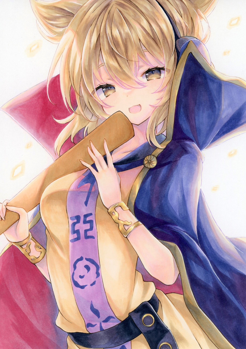 1girl :d \||/ absurdres bangs beige_shirt blonde_hair bloom bracelet breasts cape eyebrows_behind_hair eyes_visible_through_hair hair_between_eyes highres jewelry looking_at_viewer medium_breasts natsume_nadeshiko pointy_hair ritual_baton simple_background smile solo touhou toyosatomimi_no_miko traditional_media upper_body white_background yellow_eyes